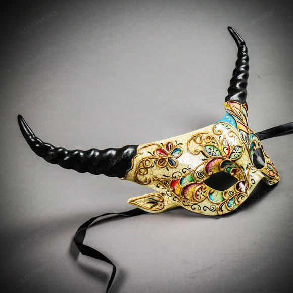 Krampus Black Horn Crackle Animal Devil Party Mask - White Gold - Picture 4 of 10